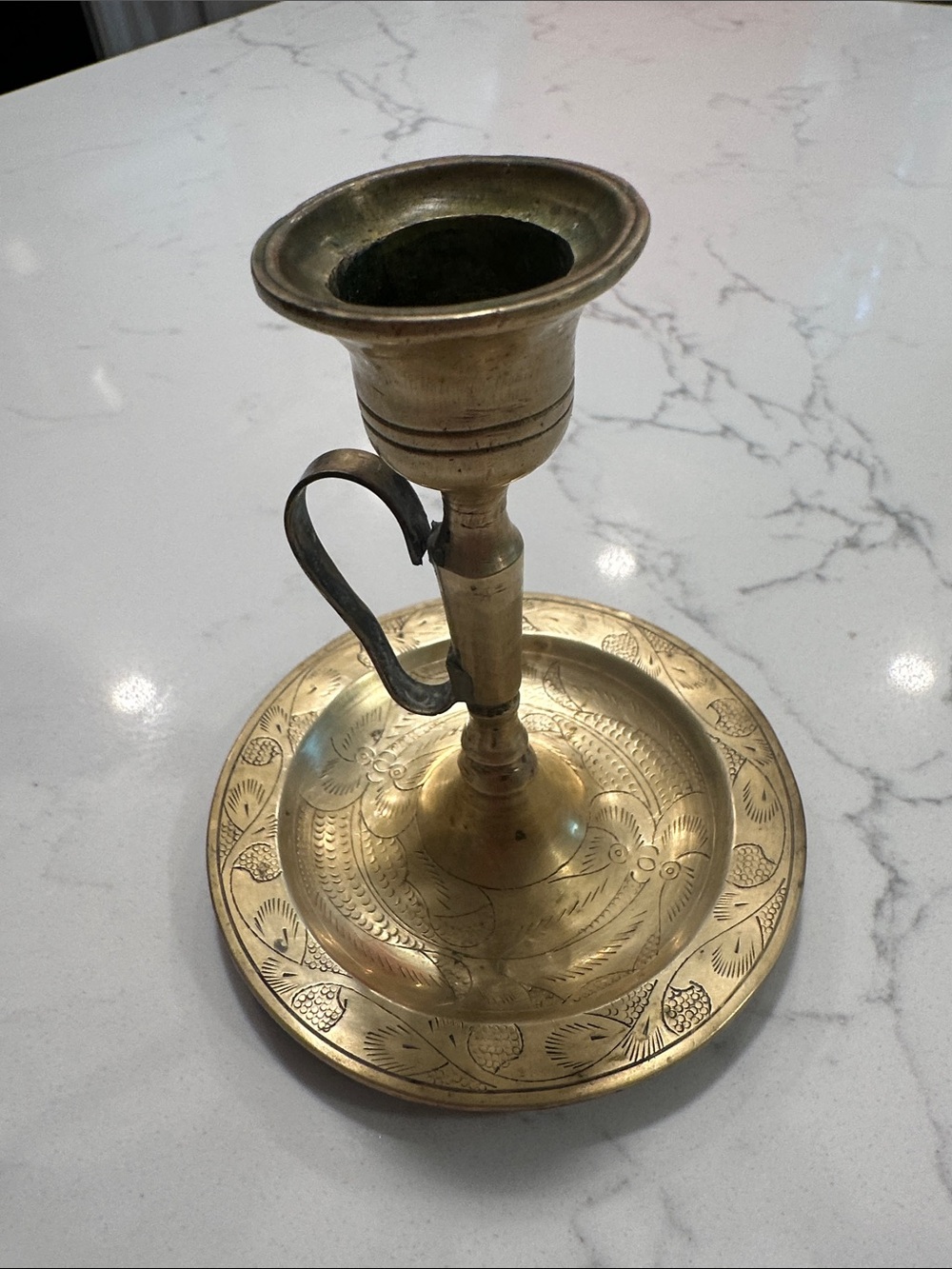vintage ornate etched Chinese chamberstick candle holder candlestick finger hold